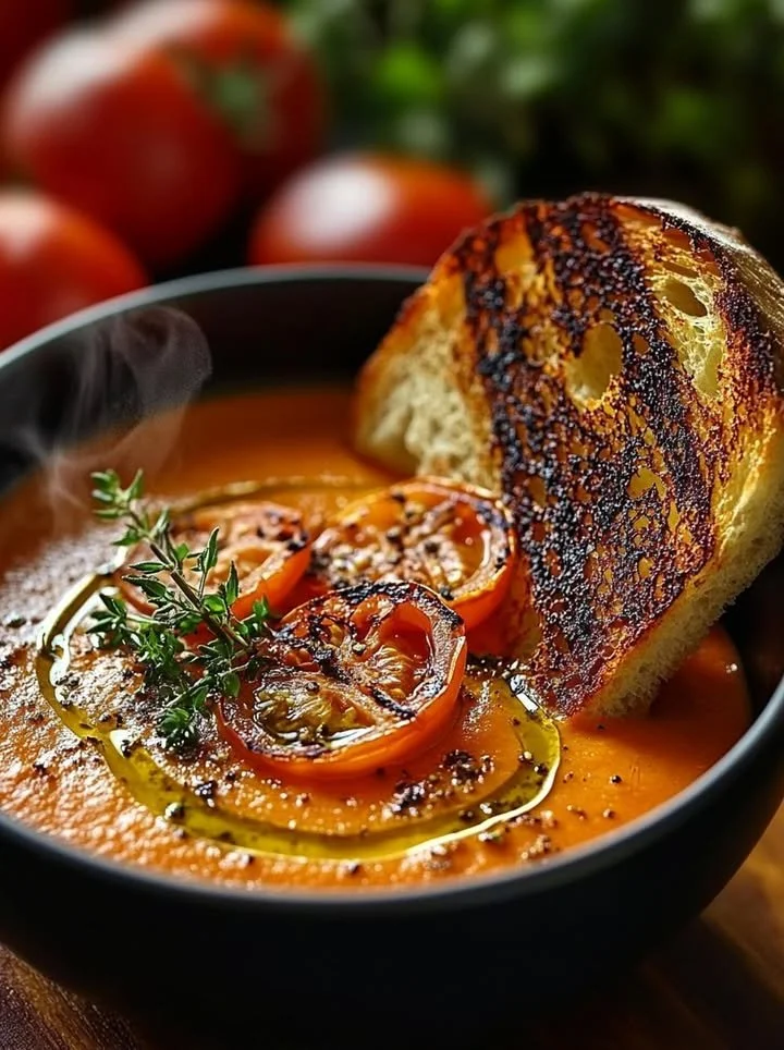 Creamy roasted tomato and garlic soup in a bowl with fresh basil garnish