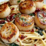 Creamy scallop spinach spaghetti dish garnished with fresh herbs.