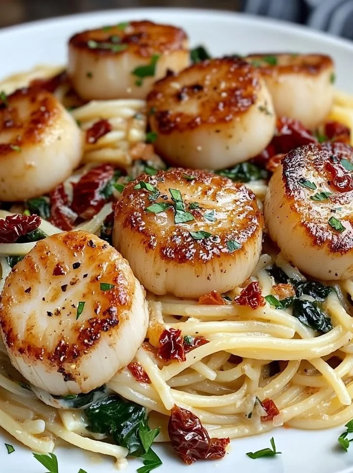 Creamy scallop spinach spaghetti dish garnished with fresh herbs.