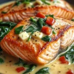 Creamy spinach and roasted red pepper salmon dish garnished with herbs