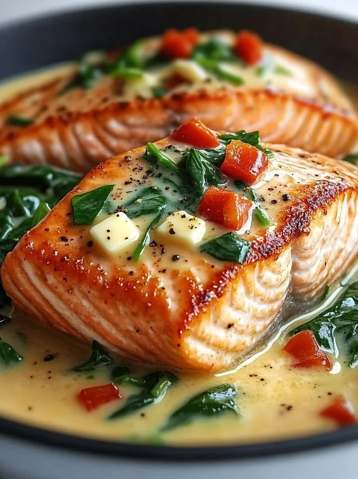 Creamy spinach and roasted red pepper salmon dish garnished with herbs