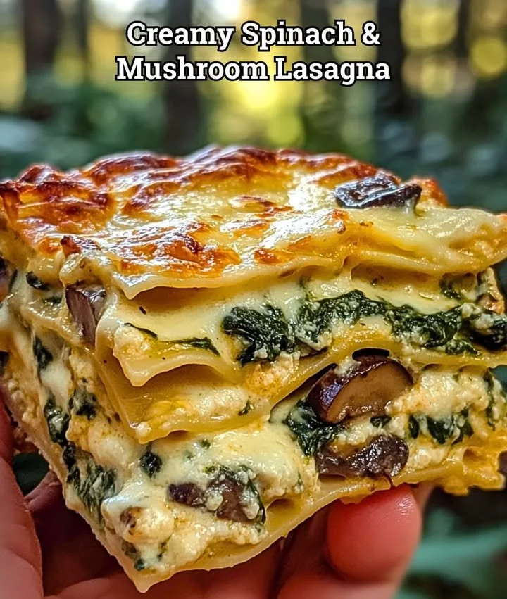 Creamy spinach mushroom lasagna dish topped with melted cheese and herbs