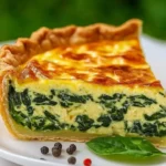 Creamy spinach quiche baked to perfection with a flaky crust and fresh spinach.