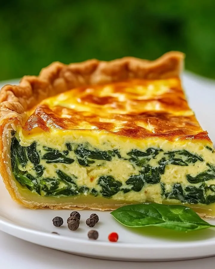 Creamy spinach quiche baked to perfection with a flaky crust and fresh spinach.