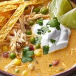 Bowl of creamy white chicken chili topped with cilantro and served with tortilla chips