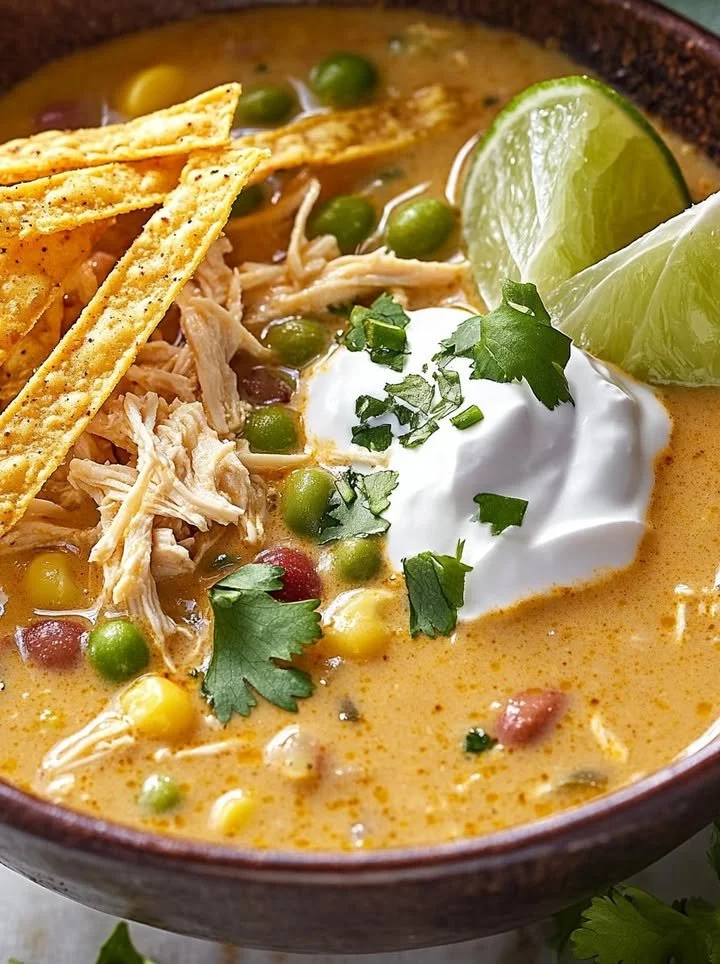 Bowl of creamy white chicken chili topped with cilantro and served with tortilla chips