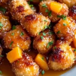 Crispy coconut chicken served with sweet and tangy peach sauce on a plate