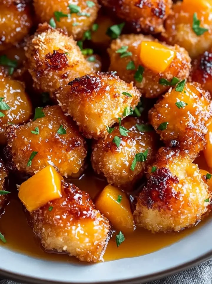 Crispy coconut chicken served with sweet and tangy peach sauce on a plate