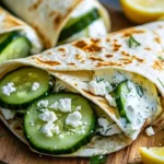 Crispy cucumber feta wraps topped with fresh herbs and served on a platter