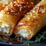 Crispy feta phyllo rolls drizzled with spicy honey on a serving platter