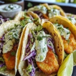 Crispy fish tacos garnished with cilantro lime slaw on a plate