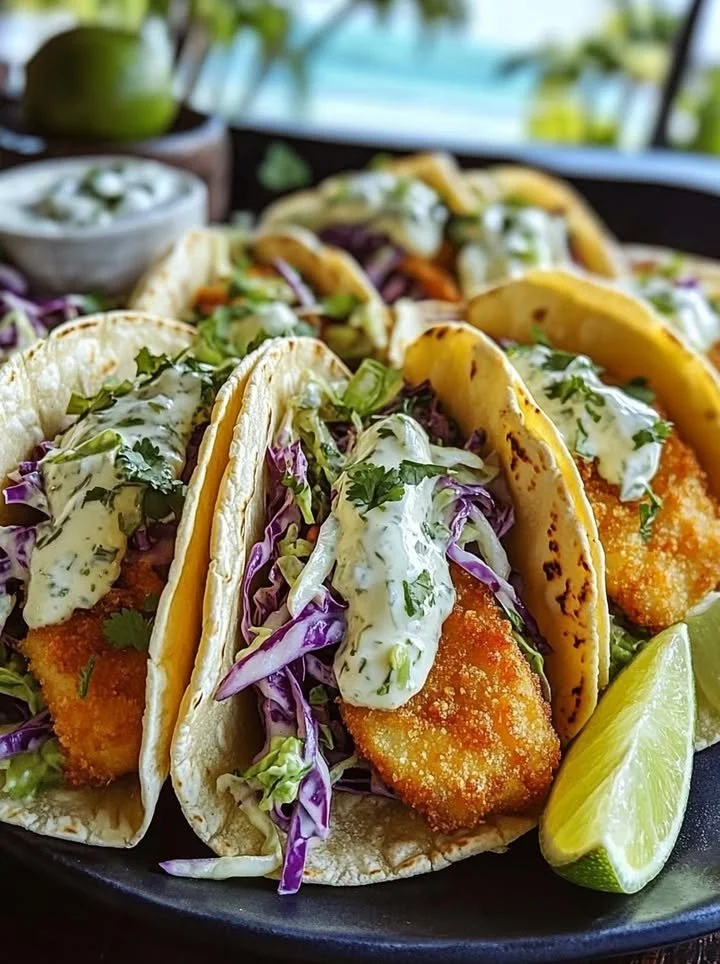 Crispy fish tacos garnished with cilantro lime slaw on a plate