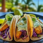 Crispy fish tacos topped with cilantro lime slaw on a plate