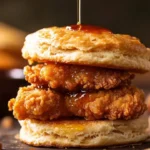Delicious plate of crispy honey butter fried chicken biscuits served warm.