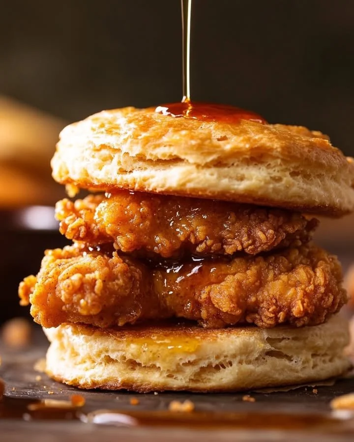Delicious plate of crispy honey butter fried chicken biscuits served warm.