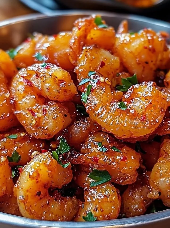 Crispy honey-glazed shrimp served with garnishes on a plate.