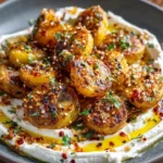 Crispy smashed potatoes topped with whipped feta and drizzled with chili oil.