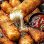 Crispy mozzarella sticks with marinara sauce and creamy dip served on a plate.