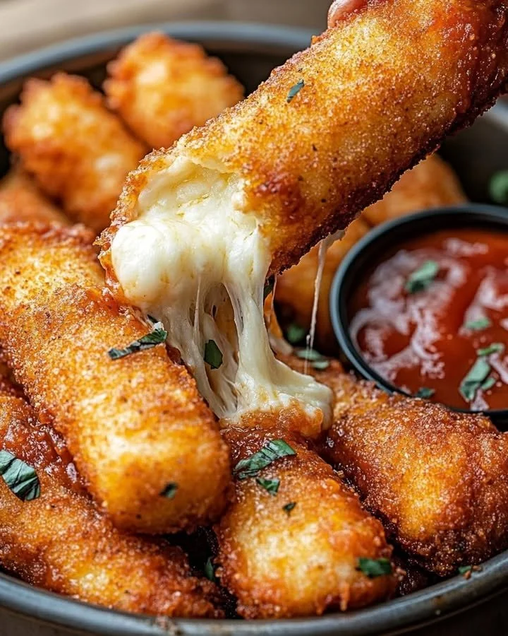 Crispy mozzarella sticks with marinara sauce and creamy dip served on a plate.