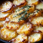 Crispy Parmesan and Gruyere Potato Gratin served in a baking dish