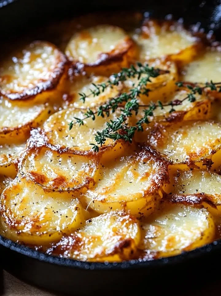 Crispy Parmesan and Gruyere Potato Gratin served in a baking dish