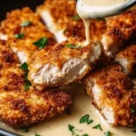Plate of crispy Parmesan chicken garnished with garlic sauce