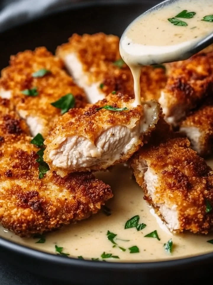 Plate of crispy Parmesan chicken garnished with garlic sauce