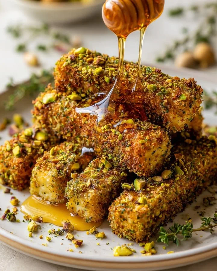 Crispy pistachio-crusted feta sticks drizzled with hot honey on a plate