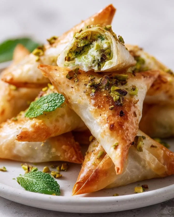 Crispy rice paper samosas with pistachio-feta filling on a plate.