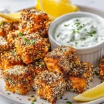 Crispy salmon cubes with everything crust and onion dip served on a plate