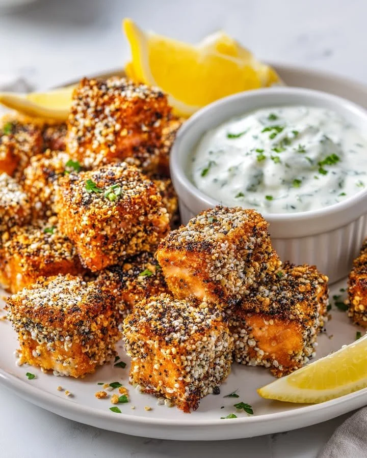 Crispy salmon cubes with everything crust and onion dip served on a plate