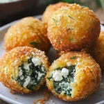 Crispy spinach and feta cornmeal fritters served on a plate