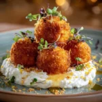 Crispy sweet potato balls served with whipped feta and drizzled with honey