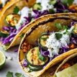 Crispy zucchini tacos topped with blue cheese and garnished with fresh herbs.