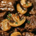 Crockpot beef tips with mushrooms served in a bowl