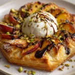 Crowned puff pastry wreath with burrata, grilled peaches, and pistachios