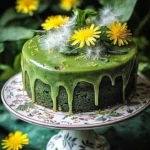 Dandelion and Nettle Cake topped with fresh herbs and edible flowers