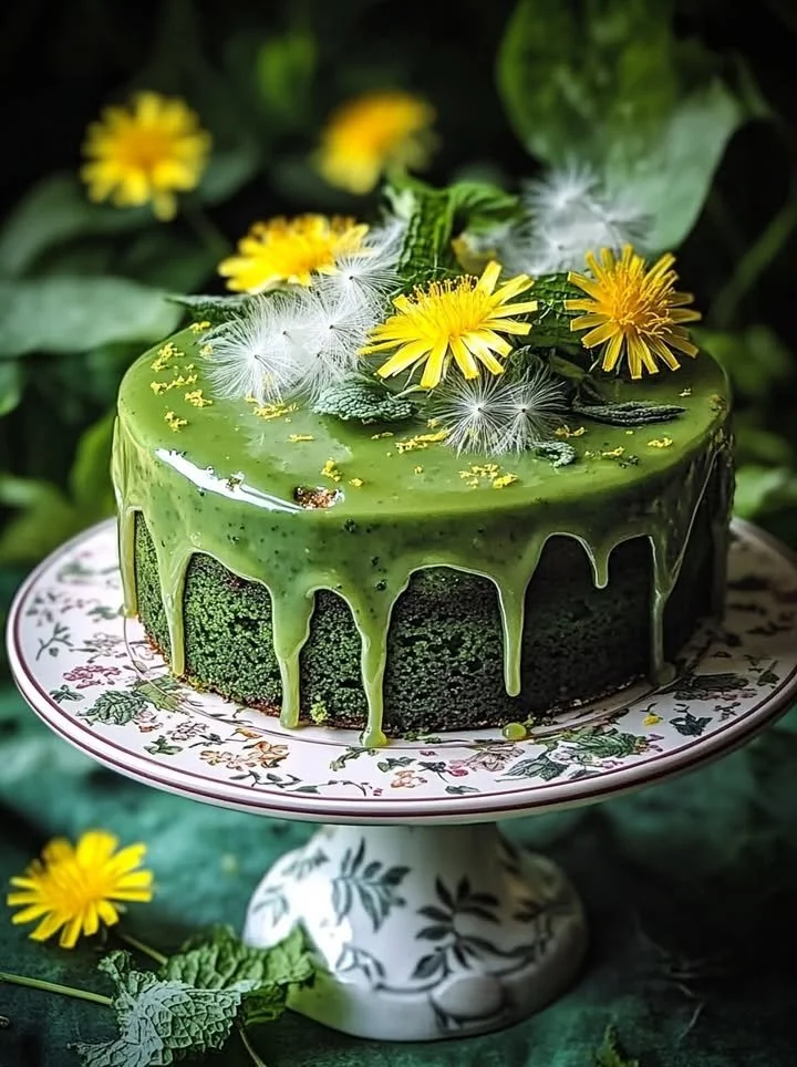Dandelion and Nettle Cake topped with fresh herbs and edible flowers