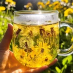 Cup of dandelion tea with fresh dandelion flowers and leaves