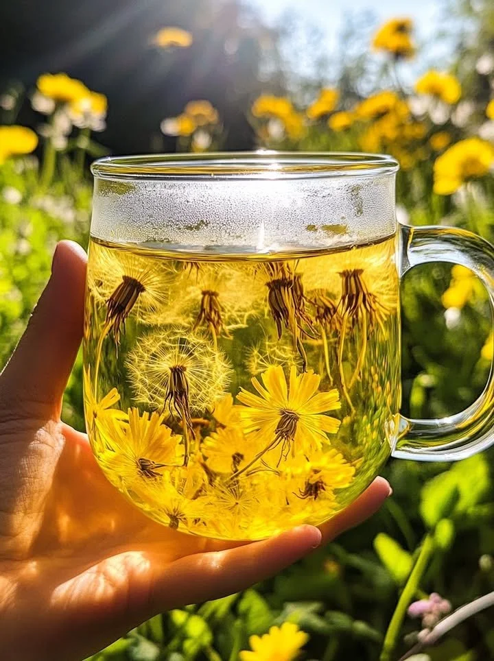 Cup of dandelion tea with fresh dandelion flowers and leaves