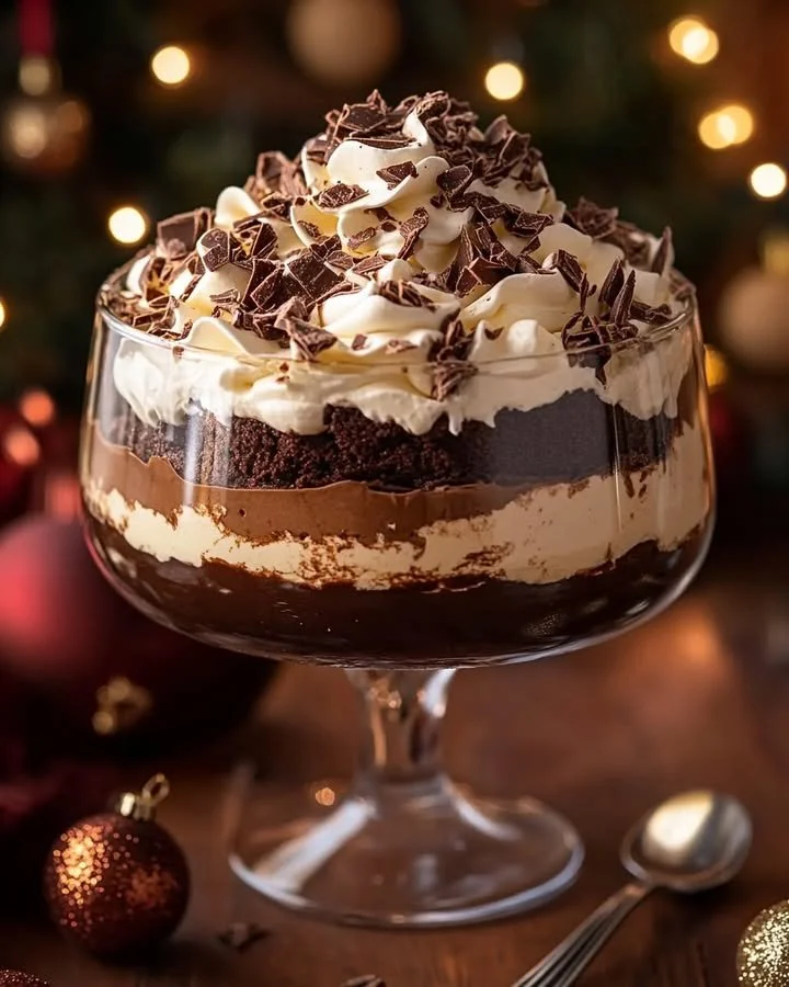 Delicious chocolate tiramisu trifle served in a glass dish with cocoa topping