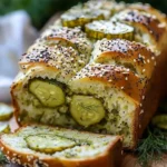 Loaf of dill pickle bread fresh out of the oven, garnished with dill.