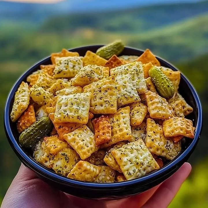 Bowl of Dill Pickle Chex Mix with tangy and crispy ingredients