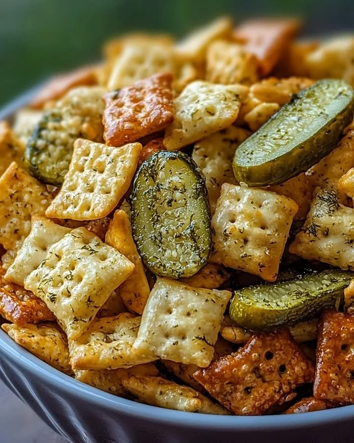 Bowl of Dill Pickle Chex Mix, a tasty snack mix with crunchy textures and pickle flavor.