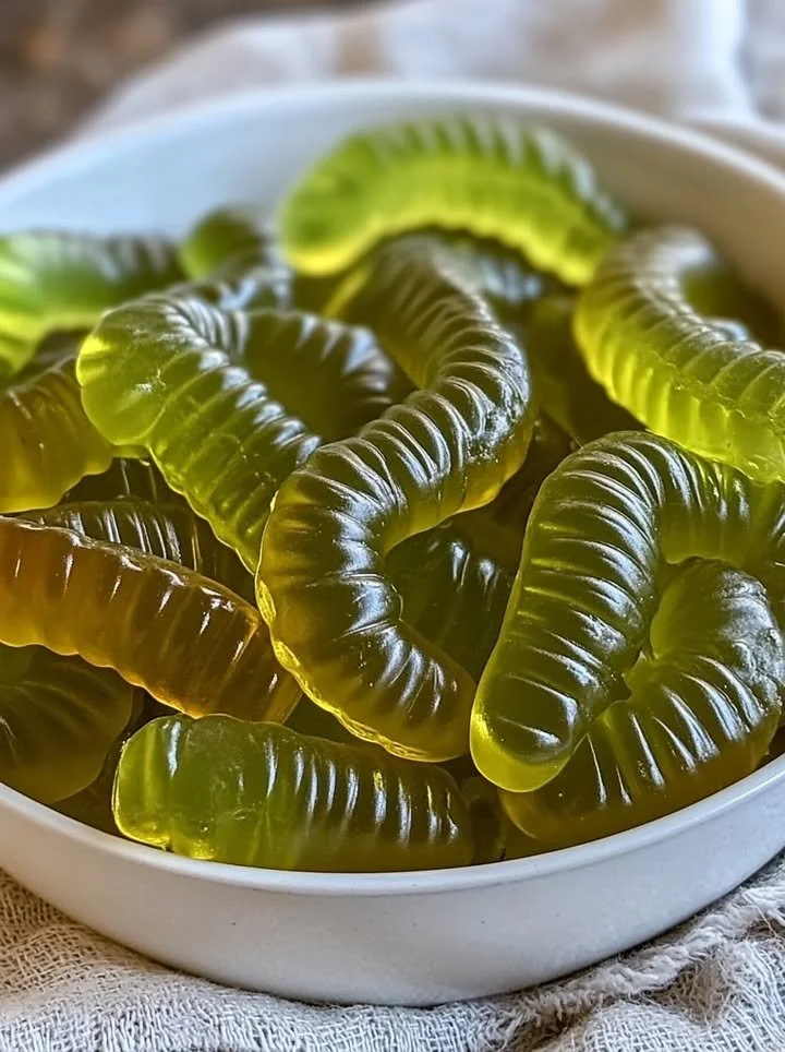 Dill pickle gummy worms in a colorful display