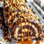 Double Chocolate Almond Caramel Cake Roll topped with caramel and almonds