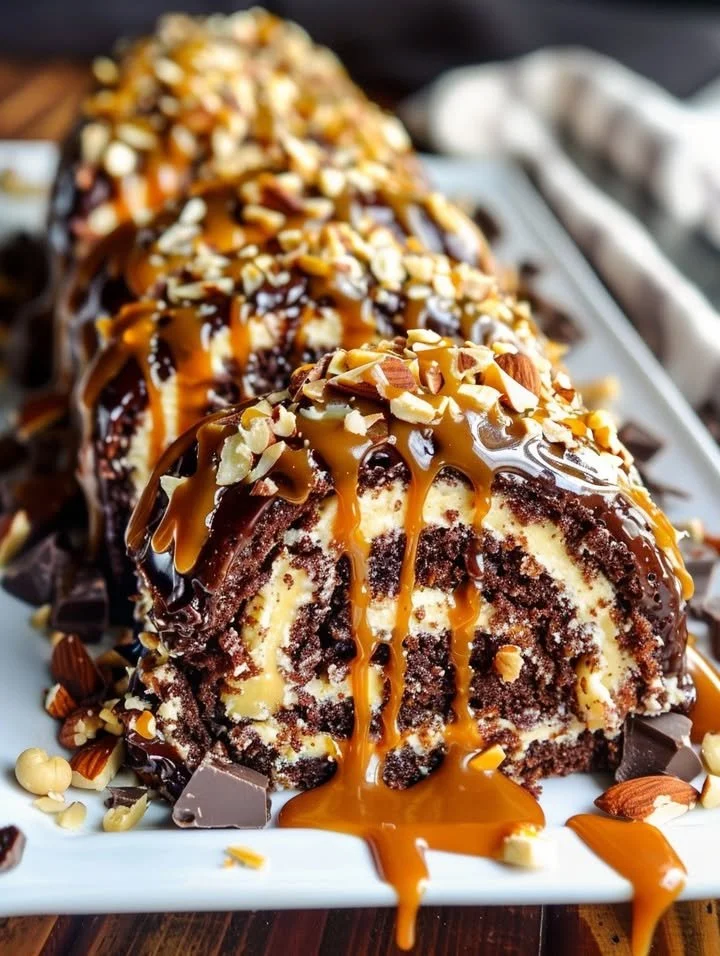 Double Chocolate Almond Caramel Cake Roll topped with caramel and almonds