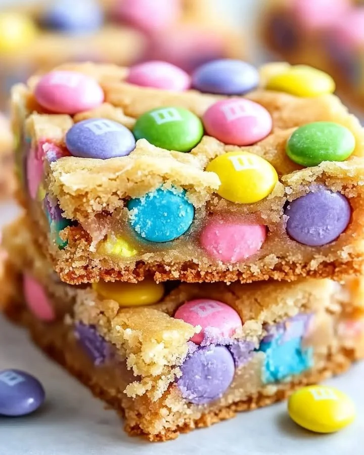 Colorful Easter Cake Mix Cookie Bars topped with sprinkles on a white platter