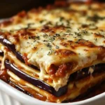 Delicious easy eggplant lasagna layered with sauce, cheese, and fresh vegetables.