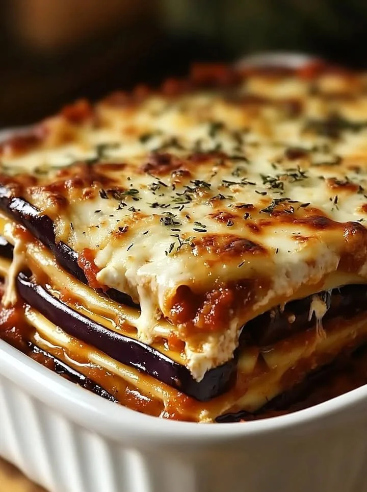 Delicious easy eggplant lasagna layered with sauce, cheese, and fresh vegetables.